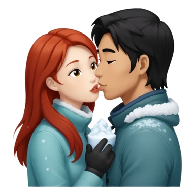 long black haired asian guy kissing redhead girl in snow sticker