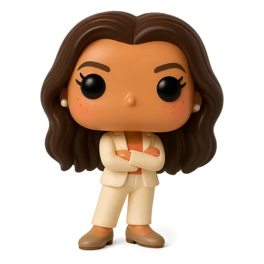 Create a Funko Pop style vinyl figure of Eva Longoria with ultra high quality details: luminous smooth tanned skin, extremely detailed dark hair, hyper-textured feminine cream suit (jacket and pants), small pearly earrings, greige leather loafers clearly visible, arms crossed, rosy cheeks, very discreet freckles, eyelashes, mischievous and cheerful expression, no mouth, transparent background. sticker