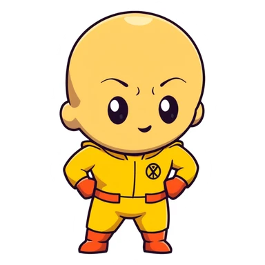 Saitama with blank face from One Punch Man, plain expression, bald head, simple round eyes, yellow hero suit, comical anime look sticker