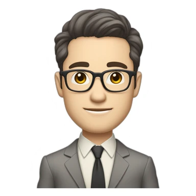 Full height Pale skinned Fit Man With dark brown hair in classic gray suit, beige office shirt, dark gray tie, and vintage glasses. Thrumbs of his palms directed up sticker