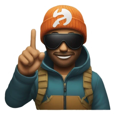 ski mask make him have his hand up and has a peace sign sticker