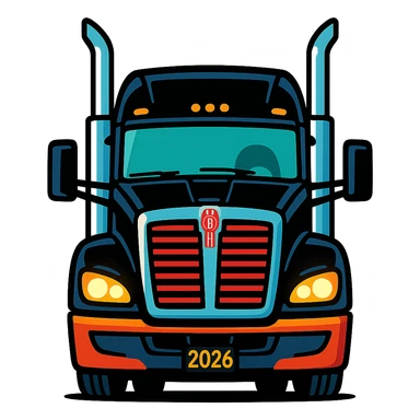 2026 Black Kenworth T680 Sleeper semi truck, front view, headlights on, tall chrome muffler stacks, vibrant cartoon style, no background sticker