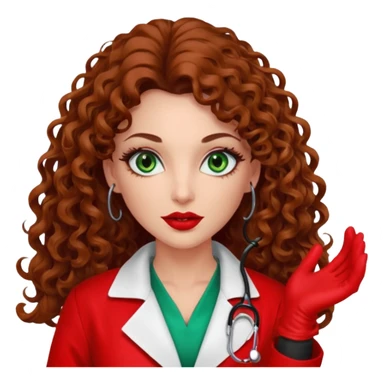 Spanish sexy evil woman. She has green eyes.  had brown long curly hair.  evil surgeon kills with needle wears red sexy doctor coat with red long mouth cover red gloves.  sticker