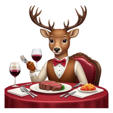 A deer wearing a fancy bowtie, sitting at a restaurant table, eating a steak with a fork and knife, surrounded by elegant decor, soft lighting, and a glass of wine on the table. sticker