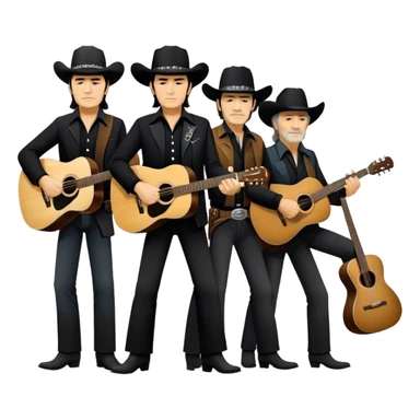 Icon for Country Music: The Highwaymen group, featuring silhouettes of Johnny Cash, Willie Nelson, Waylon Jennings, and Kris Kristofferson with guitars and cowboy hats. A subtle western backdrop with music notes reflects the spirit of classic country. Transparent background. sticker