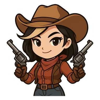 Chibi cowgirl with slightly longer hair and a blonde streak, wearing a cowboy hat and western outfit, holding two revolvers, confident pose with hands on hips, smirking expression, chibi/anime style, transparent background, sized for Twitch or Discord use. sticker
