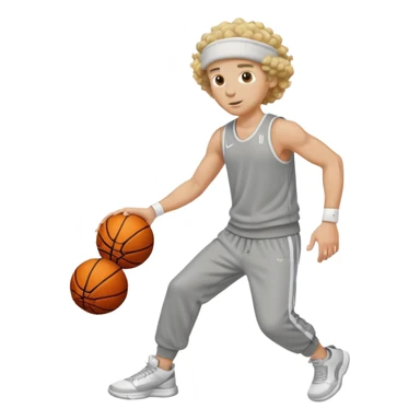 a white man with curly blonde hair playing basketball in sweatpants while also wearing a beanie sticker
