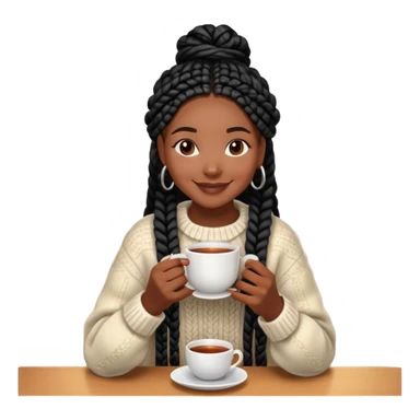 A dark-skinned Black woman with long black box braids, holding a steaming tea cup with both hands, wearing a cozy sweater, smiling. sticker
