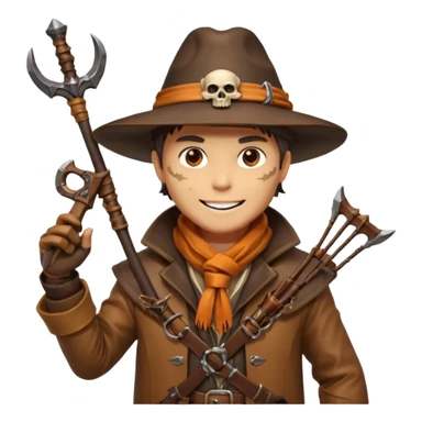 male human monster hunter emoji, wearing brown leather coat and wide hat, holding crossbow, with amulet shaped like skull, Halloween fantasy theme, confident smile, orange scarf, Apple emoji style, clean white background, square image sticker