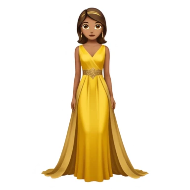 Woman using a long elegant yellow dress. She has medium skin tone and a brown with gold makeup sticker