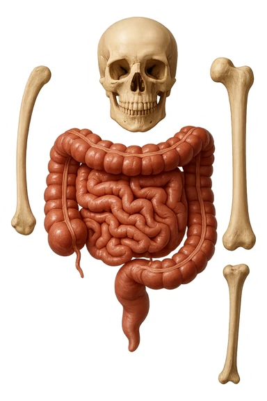 intestino umano anatomico e ossa umano anatomico fluttuano in aria, iperrealistico 4k sticker