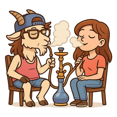goat for Telegram stickers inspired by reference https://attic.sh/feoducyurkpqwz0la088soao98sx: wearing a cap, glasses, mullet hairstyle, pink drunkard tank top, sitting on a chair, smoking hooka with a girl https://i.ytimg.com/vi/x9PRt8xgy7Y/hqdefault.jpg . transparent background  sticker