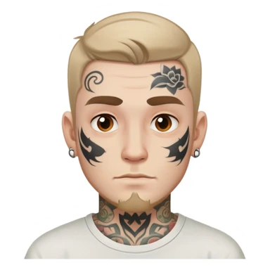 white man with face tattoo, neutral expression, wearing a white t-shirt sticker