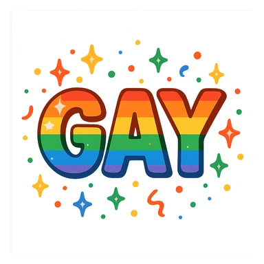 the word GAY with rainbow sparkles and confetti sticker