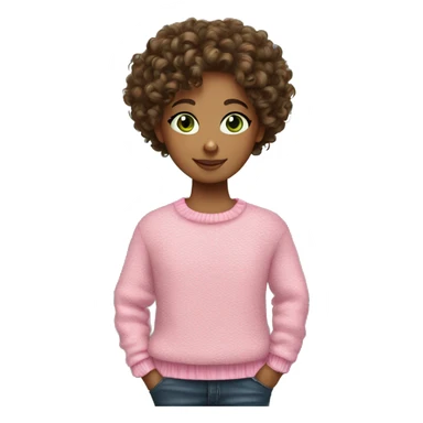 Brunette curly hair curl with green eyes and pink sweater sticker