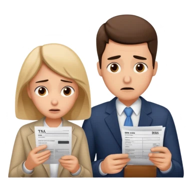 worried couple in front of taxes sticker