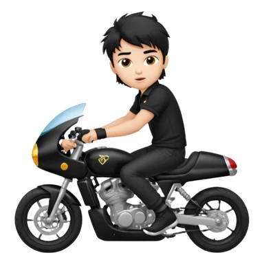 generate a pretty fair bratz boy with a messy mullet (black hair), wearing a BLACK polo.  on a superbike sticker