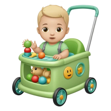 green baby walker with toys on it and on baby sticker