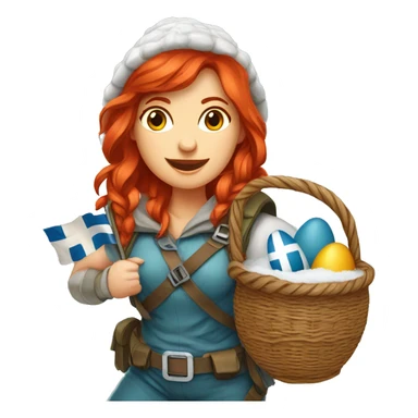 red hair female winter mountaineer climbing with Easter eggsbasket and Greek flag sticker