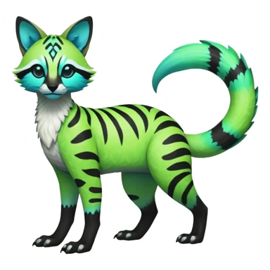 Rare realistic iridescent neon lime-green & cyan white black lush tropical exotic edgy epic pretty beautiful handsome gorgeous aesthetic colorful vibrant Vernid-Protogen-Primagen-Genet-Trico-species-Fakemon-hybrid-creature by LiLaiRa, beautiful intricate markings, full body sticker