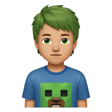 A 14 yerar old teenage boy, slightly tanned, wearing a green minecrcaft tshirt, blue jeans and green sneakers with brown tousled hair, smirking sticker
