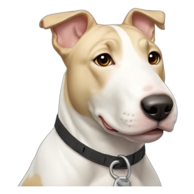 White bull terrier cross with light tan patch and pale nose sticker