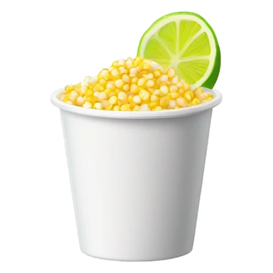 A white plastic cup filled whit yellow corn kernels, topped with grated cheese, white cream, chili powder, and a plastic spoon, with a hint of lime sticker
