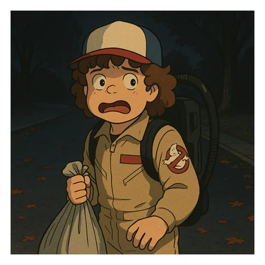 Dustin from Stranger Things dressed as a Ghostbuster for Halloween, in Ghibli style with delicate strokes, thick dark outlines, pastel color tones, and a slightly aged texture. Variation 2: scared expression, dark street with fallen leaves. sticker