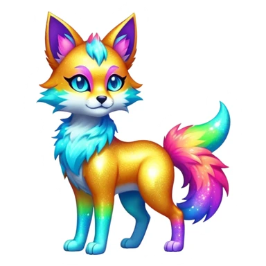 Vibrant multicolored neon-colored Falvie-Fionbri-creature-sparkle-feline-canine-hybrid-fursona, full body sticker