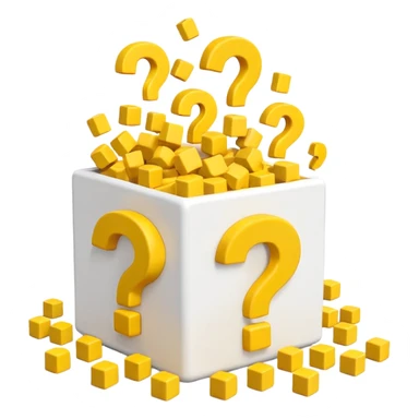 white cube shaped box over stuffed with yellow question marks sticker
