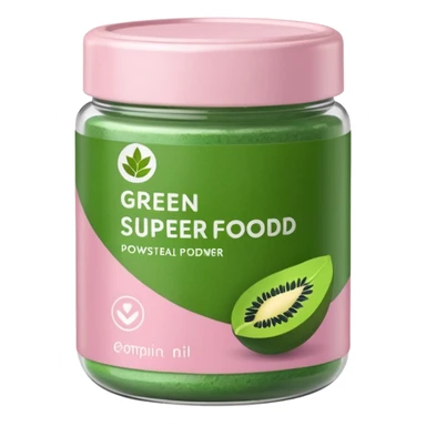 Transparent container of green superfood powder, pastel pink label sticker