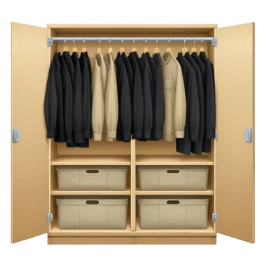 Wardrobe with both doors open showing organized collection of black shirts, khaki pants and overalls for work sticker