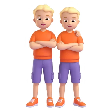 Two cartoon-style boys with similar features, arms around each other's shoulders, smiling, matching outfits, standing close, white background, emoji style sticker