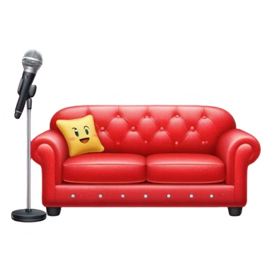 Red sparkly sofa with a mic in the center of sofa lamp stand behind sofa sticker
