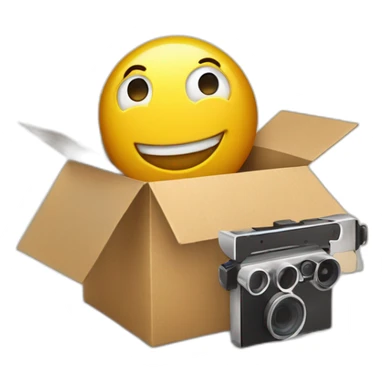 Video icons, movie camera, film, play, logos, likes, thumbs up, marks, views, coverage, applause fly out of a Cardboard box sticker
