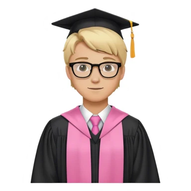 A blonde-haired young white man, wearing glasses, in the middle of his graduation with black and pink theme sticker