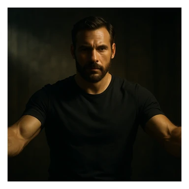 hyper realistic 4K cinematic image of a man exuding masculine and protective energy, intense but serene face, dramatic shadows, open arms, cinematic atmosphere sticker