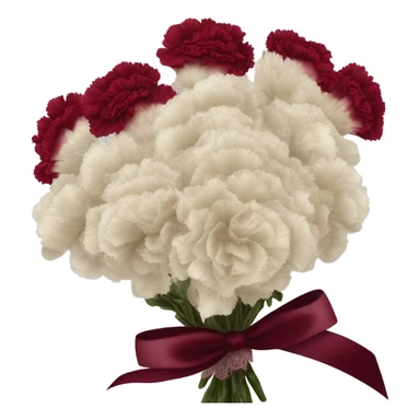A classic bouquet of crimson carnations tied with a delicate lace-trimmed burgundy ribbon sticker