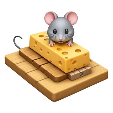 A 3D emoji in iOS emoji aesthetic style of a small mousetrap on a wooden base with a tiny gray mouse approaching a small piece of yellow cheese on it, minimal white background, bright lighting, clean and glossy Apple-style design sticker