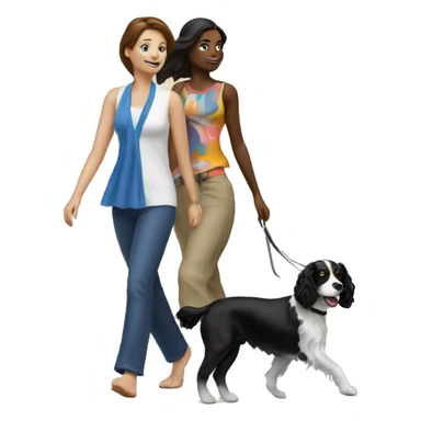 2 ladies walking a black and white spaniel on a beach sticker