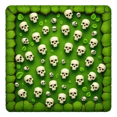 A creepy moss covered ground with skulls from a top down perspective. In the style of your bleeding skull art. In a realistic style covering the whole screen with little tint skulls. No border, all moss sticker