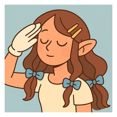 close-up digital illustration of a character with long wavy brown hair, golden hair clips, blue ribbons, soft pastel tones, light blue subtle textured background, eyes closed, head tilted, serene contemplative look, white glove on right hand saluting, pointy ears, slight blush, ethereal glow on face, exuding gentleness and vulnerability sticker