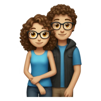 Girl with brown curly hair and blue eyes hugs boy with brown hair and glasses  sticker