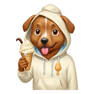 A brown dog wearing a white hoodie while eating melted ice cream sticker