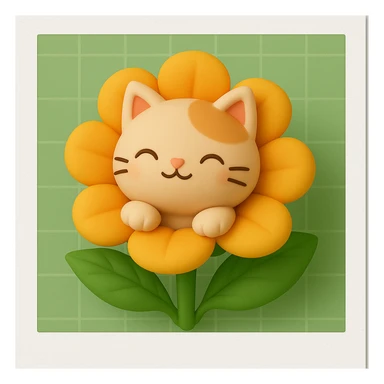 A cute cat with its face peeking out from a large orange flower with yellow petals. The cat has a small smile and is sitting comfortably within the flower. The background is a light green grid pattern. Add a polaroid frame. The image should be in a Kawaii style. sticker