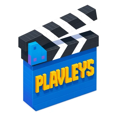 isometric view of a movie clapperboard with the text 'PLAVLEYS' written on it, voxel style sticker
