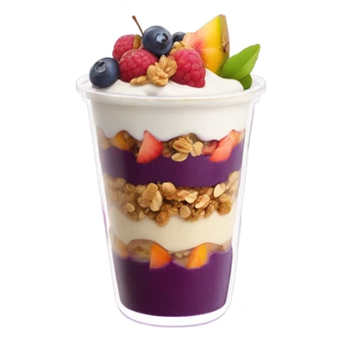 Açaí in a clear cup with layers of fruits and granola and condensed milk sticker