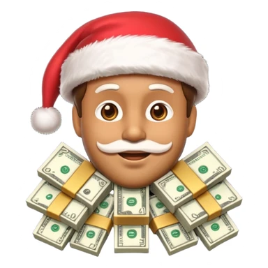 A confident rich emoji face wearing a Santa hat, money stacks, casino vibe, New Year theme, premium 3D emoji style, sharp details, no text, isolated on transparent background sticker