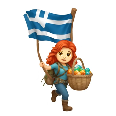 red hair female winter mountaineer climbing with Easter basket and Greek flag sticker