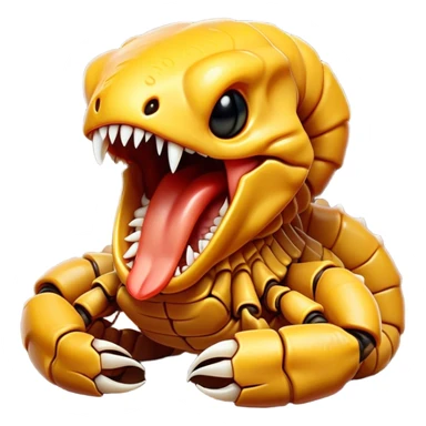 Cinematic Cute Yawning Emperor Scorpion Portrait Emoji, Head tilted slightly with a dramatic, wide-open yawn, showcasing a soft, textured exoskeleton with subtly drooping pincers and half-closed eyes in drowsy contentment, Simplified yet irresistibly adorable features, highly detailed, glowing with a soft, cozy glow, high shine, relaxed yet expressive, stylized with a dash of desert charm, soft glowing outline, capturing the essence of a sleepy yet affectionate scorpion that seems ready to stretch out for a nap! sticker